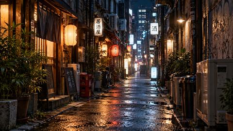 Japanese Street Food with Atmospheric Night Lantern Light and Izakaya