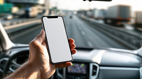Closeup driver hand is holding smartphone with white screen