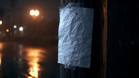 Empty white paper sheet taped to a dark wooden pole in the rain at night