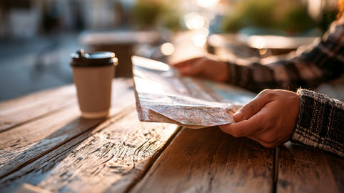 hands holding a physical map over a wooden table at an outdoor cafe