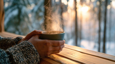 Hands holding a cup of steaming coffee in warm sunlight