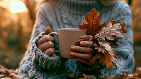 female hands holding a warm coffee cup paired with dried oak and maple foliage, peaceful