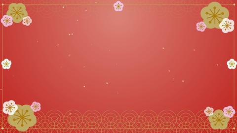Plum Blossoms Spinning on Red Festive Background with Gold Confetti