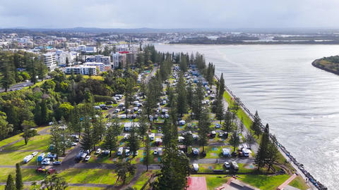 Aerial video of Town Beach at Port Macquarie, showing the sandy shoreline