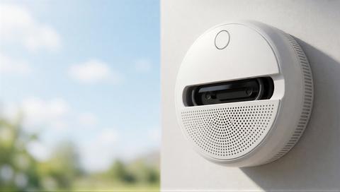 A modern smart smoke detector device designed specifically for elderly accessibility with clear visu