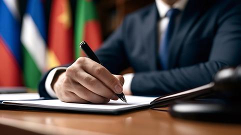Person signing legal international agreement with flags and gavel