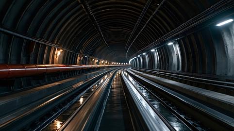 Subway tunnel with curving railway tracks and lights