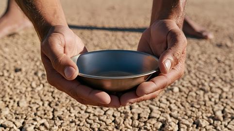 Hands holding empty bowl over cracked dry ground