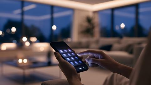 Person controlling smart home lights using smartphone app
