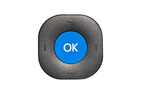 Black plastic remote control navigation button with blue central key ok