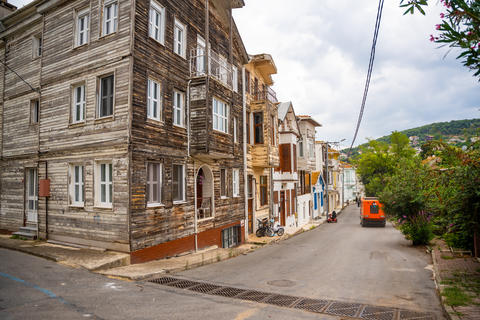 Heybeliada, Turkey - August 28, 2026: Vintage wooden buildings line a narrow