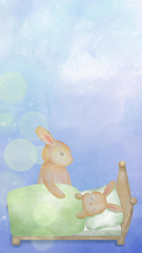 A looping animation of a parent rabbit gently watching over a baby rabbit sleeping in its bed