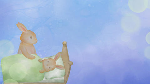 A looping animation of a parent rabbit gently watching over a baby rabbit sleeping in its bed