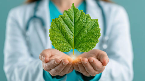 A doctor in a white coat is holding a green leaf in their palms, symbolizing health