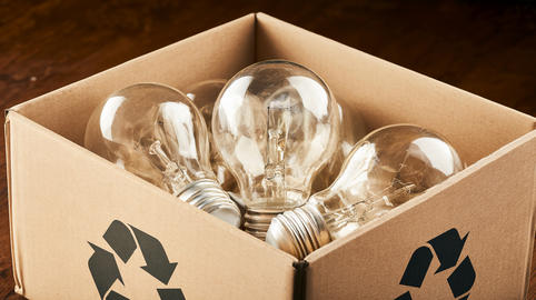 A cardboard box with a recycling symbol, filled with old incandescent light bulbs
