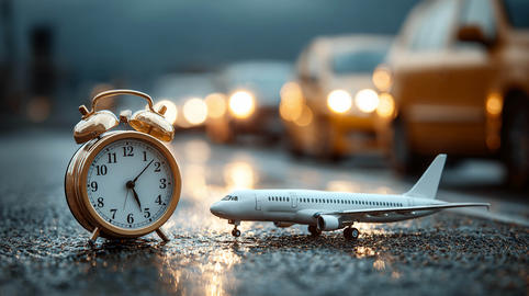 A miniature airplane and an alarm clock on a wet road, with evening traffic in the background