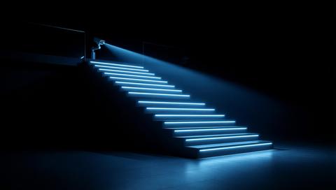 Futuristic interior staircase featuring intelligent automated lighting systems that dynamically adju