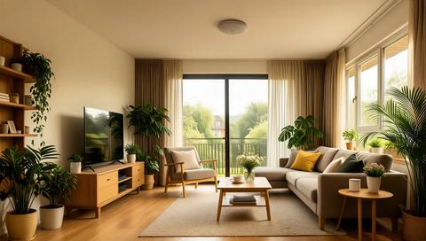 Modern senior living home interior featuring ambient safety sensors for emergency detection, clean m