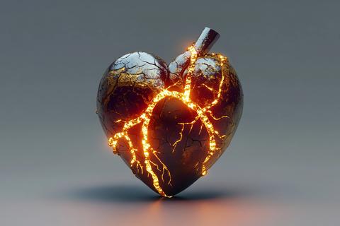 Mending a cracked heart with glowing gold veins in a mystical environment