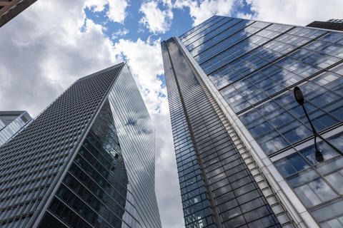 Low angle view of corporate office skyscrapers
