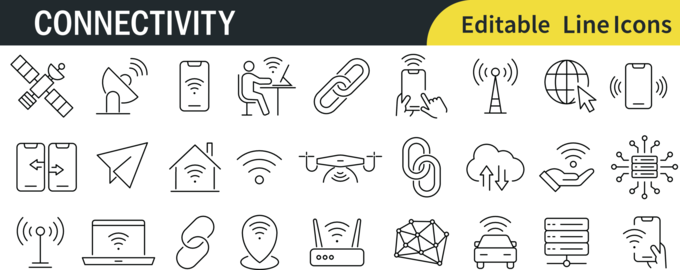 Monochrome Connectivity and Wireless Communication Line Icon Set