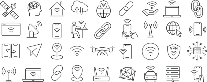 Monochrome Connectivity and Wireless Communication Line Icon Set