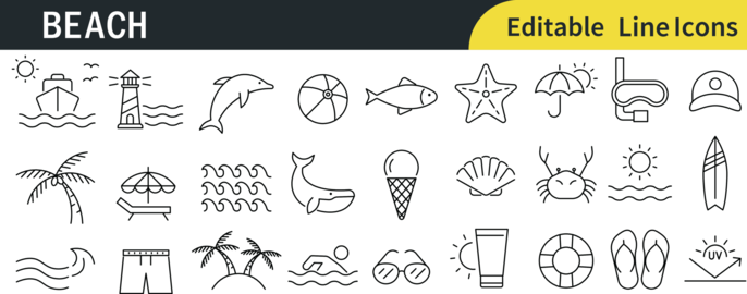 Monochrome Beach and Summer Vacation Line Icon Set