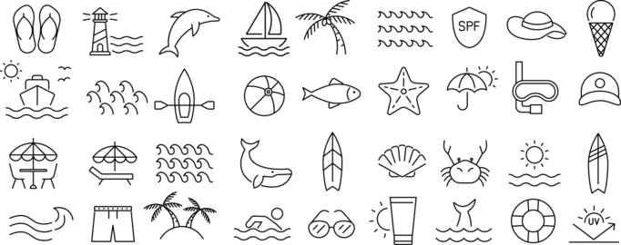 Monochrome Beach and Summer Vacation Line Icon Set