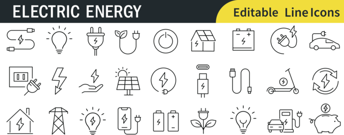 Monochrome Electricity and Power Supply Line Icon Set