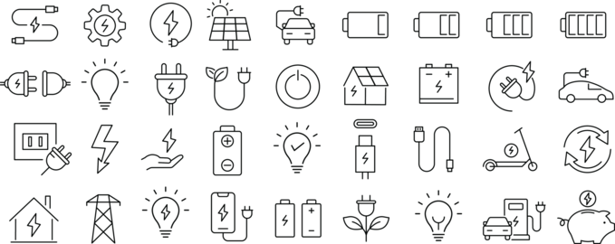 Monochrome Electricity and Power Supply Line Icon Set