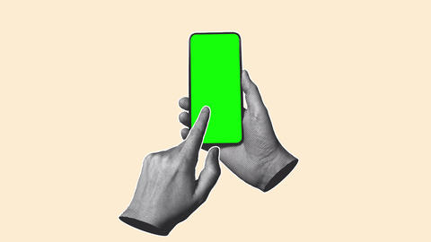 Halftone finger repeatedly pressing smartphone screen on beige background