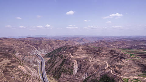 4K Gansu Loess Plateau Geological Landforms Aerial Time-lapse