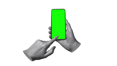 Halftone hand pulling smartphone screen downward. Scrolling down, green screen