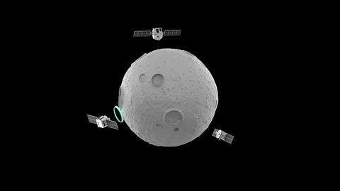 Three satellites located around a stylized moon take turns sending signals to its surface