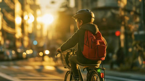 The back view of a boy riding a bicycle through the town at dusk while wearing a helmet