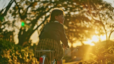 A girl riding a bicycle at dusk against a warm backlit backdrop