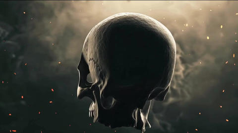 The back view of a human skull emerging from dramatic light and smoke