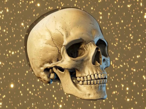 Precise, copperplate-style illustration of a vintage-style skull