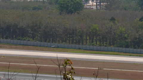 Bird flying low over airport runway near forest