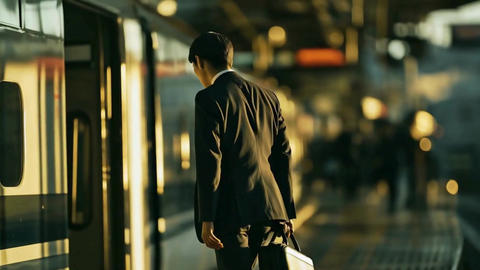 A businessperson in a suit boarding a train on a station platform