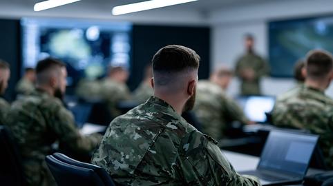 Soldiers attending military briefing in command center