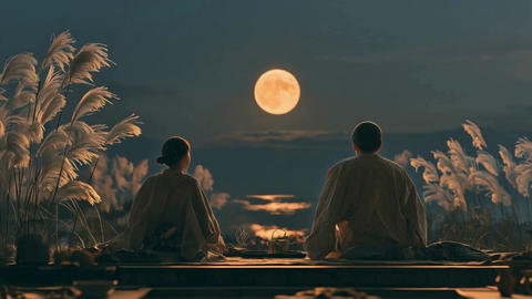 The back view of a couple in kimono relaxing on a veranda while gazing at the Mid-Autumn