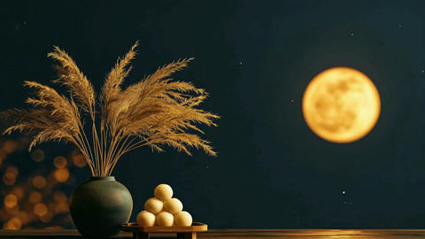 Background Image of the Mid-Autumn Full Moon, Pampas Grass, and Tsukimi Dango