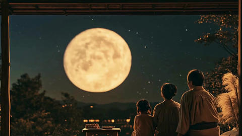 A family gazing at the full moon from the engawa, set against a traditional Japanese