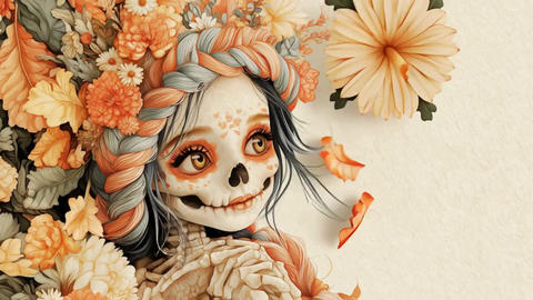 A Halloween illustration of a skeleton girl with beautiful flowers and elaborate braided