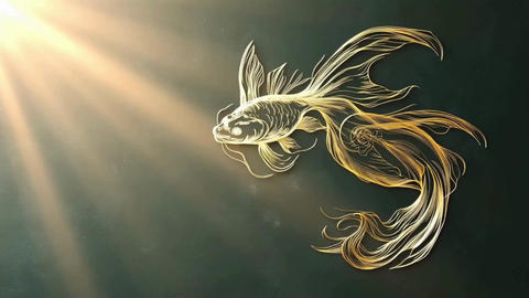 A dark background with a gold line drawing of a fish, Pisces, modern art