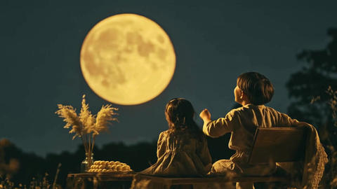 Japanese children enjoying the moon viewing festival—a night with a big full moon
