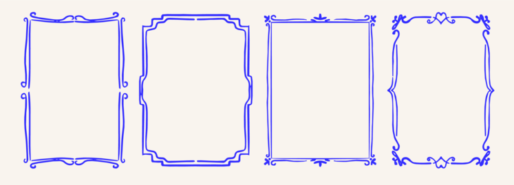 Vintage frame with wavy borders and doodle ornament. Crayon hand drawn border