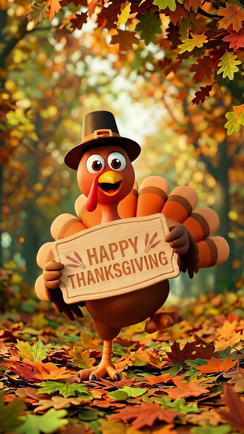 Cute Cartoon Thanksgiving Turkey Dancing with Autumn Leaves