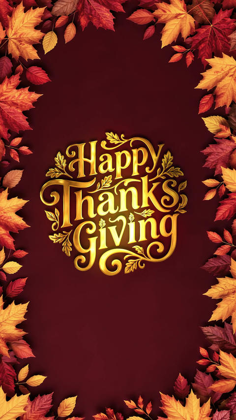 Golden 3D Happy Thanksgiving text with swaying autumn leaves moving in the wind. Vertical video